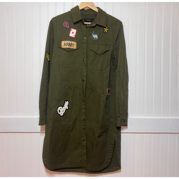 Forever 21 Patch Army Jacket Cargo Long Trenchcoat Pockets Patches Paris - Picture 2 of 9
